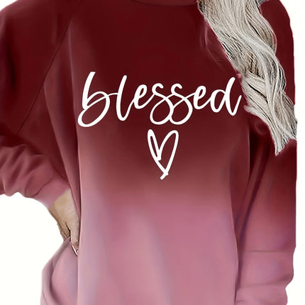 Plus Size Spring Casual Sweatshirt, Women's Ombre & Letter & Heart Print Raglan Sleeve Round Neck Slight Stretch Pullover Top