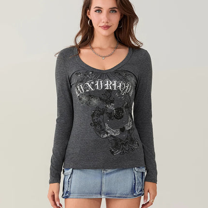 Women Spring Autumn Tops Long Sleeve V Neck Slim fit T-shirt y2K Clothes Gothic Graphic Print Shirts Streetwear