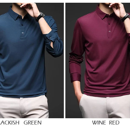 Minglu Mulberry Silk Men's Polo Shirts Luxury Long Sleeve Solid Color Golf Male T-shirts Spring Autumn Business Casual Man Tees