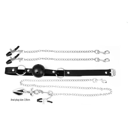3-in-1 BDSM Bondage Set: Hollow Ball Gag with Nipple Clamps and Metal Anal Plug Adjustable Sensory Play Kit for Couples