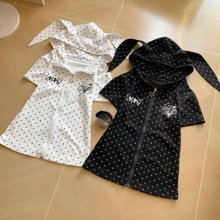 Japanese Vintage Rabbit Ears Hoodie Long Sleeve Polka Dot Print Y2k Retro Slim Zipper Patchwork Sweatshirt Women Sweet Cartoon