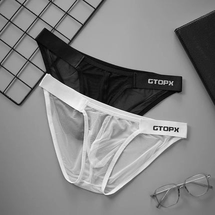 Men's Sexy See Through Ice Silk Underwear Mesh U Bulge Pouch Personality Panties Transparent Ultra-Thin Breathable Underpants