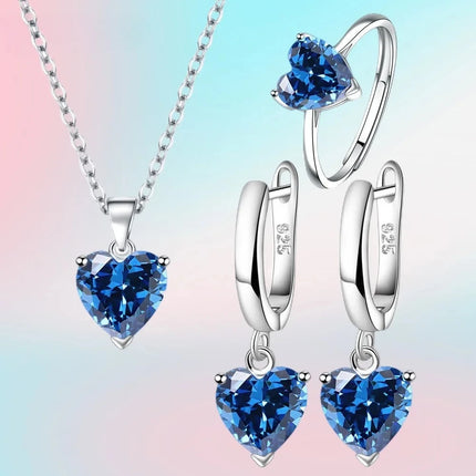 Fine 925 Sterling Silver Jewelry Gift Sets for Women Female Romantic Heart Zircon Huggie Earrings Pendant Necklace Ring