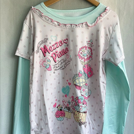 Japanese Sweet Cartoon Polka Dot Print Women T-shirt Loose Kawaii Contrast Color Cute Graphic Tee Tops Y2k Aesthetic Tshirts
