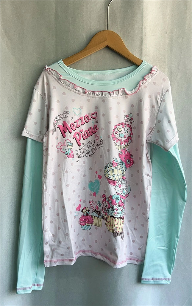 Japanese Sweet Cartoon Polka Dot Print Women T-shirt Loose Kawaii Contrast Color Cute Graphic Tee Tops Y2k Aesthetic T-shirts