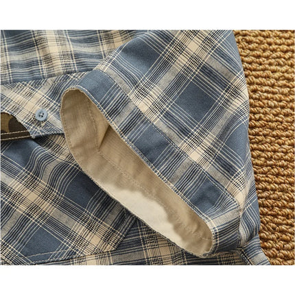 New summer retro pure cotton washing men's loose casual plaid lapel short-sleeved work shirt