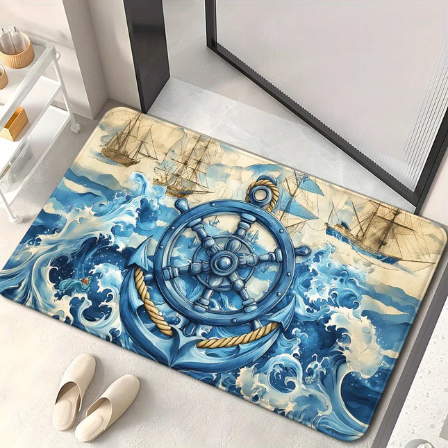 3D Nautical Rug Flannel Soft Kids Carpet Anchor Wheel Print Bedroom Kitchen Floor Mat Anti Slip