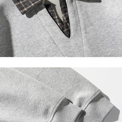 Retro Plaid Polo Neck Sweatshirt for Men and Women Heavyweight Cotton Soft Fake Two-Piece V-Neck Long Sleeve