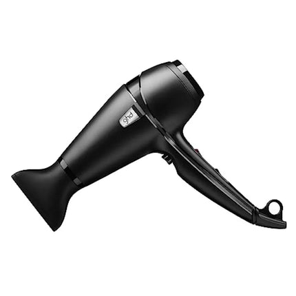 Salon-use black hair dryer with 1600W motor, ionic technology, adjustable temperature, concentrator nozzle for fast drying