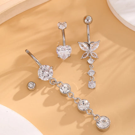 3-5pcs Mixed-Style Sets Heart Flower Dangle Belly Button Rings Stainless Steel Butterfly Curved Zircon Belly Piercing Navel Ring