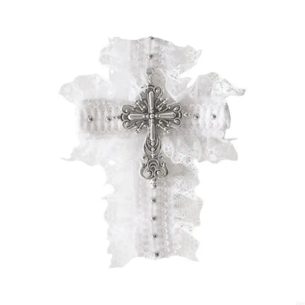 77HE Lace Crosses Hairclip Dark Hair Clip Headwear Crosses Hair Clip Balletcore