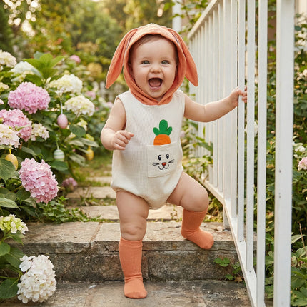 FOCUSNORM 0-18M Lovely Baby Boys Girls Easter Romper Bunny Carrot Embroidery Pocket Sleeveless Hood Jumpsuits Socks