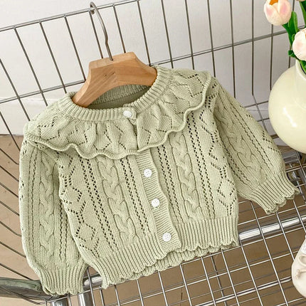 Autumn Knit Coat Baby Newborn Girls Sweater Cardigans Hollow Out Floral Ruffle Long Sleeve Girls Tops Coat Korea Girls Clothes