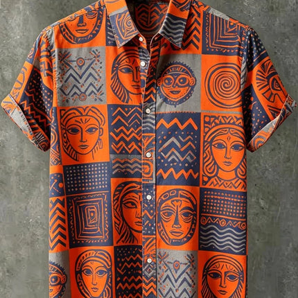 Men's Tribal Portrait Geometric Print Vacation Short Sleeved shirt, For Casual travel, Beach travel, And Ethnic Vacation Style