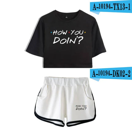 Fashion Youthful Trendy Show I'll Be There for You Short Sleeve Shorts+lovely T-shirts Dew navel Girl suits Two Piece Set