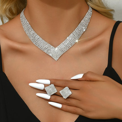 3PC Women's Fashion Geometric Diamond Necklace Earrings Jewelry Set Suitable for Wedding, Party, Festival Gifts-8540