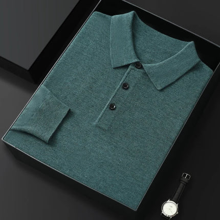 High quality worsted  spun collar wool sweater men's spring and autumn business polo sweater thin long sleeved knitted T-shirt