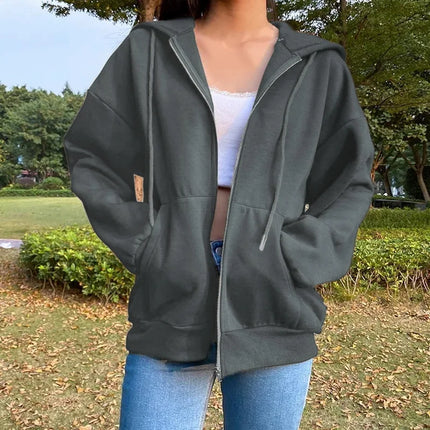 Oversized Hooded Zipper Sweatshirt Shoulder Drop Cuff Independent Station Women's Open Cardigan Street Style Comfortable Casual