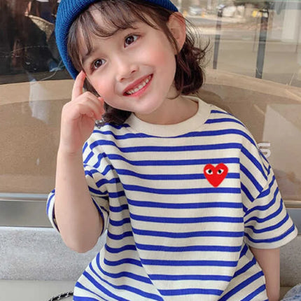 Summer Children's Cotton T-Shirt, Striped Round Neck, Short Sleeve, Kids' Top, Trendy Little Girl, Casual Cartoon Print, Sweat-Absorbing...