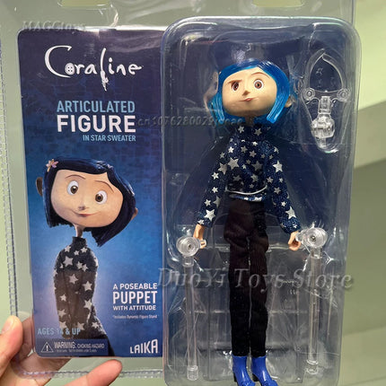 NECA Anime Coraline Doll Articulated Anime Figure Raincoat Sweater In Striped Shirt Toy LA Girl Decoration Model Bithday Gifts