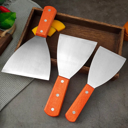 Stainless Steel Oblique Spatula Steak Burger Pancake Pizza Scraper Shovel Wooden Handle Barbecue Utensils Kitchen Cooking Tools