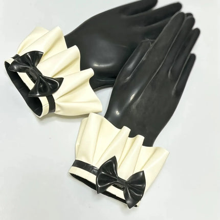 Sexy Black Fetish Latex Gloves Wrist Length with Lace and Bow