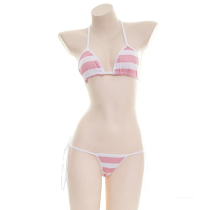 Sexy Lingerie Lolita Kawaii Blue Pink White Striped Mini Bikini Adult Cosplay Erotic Costumes Bra Women Underwear Set