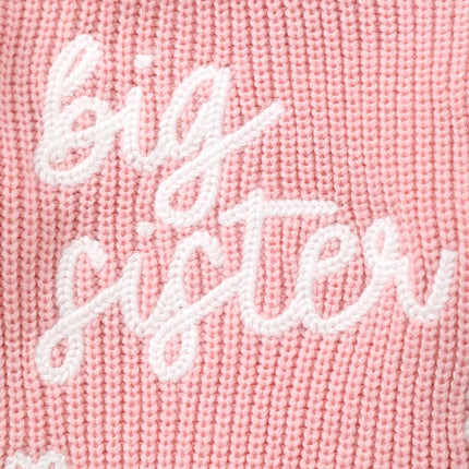 Baby Girl Knitted Round Neck Sweater with Letter Big Sister and Flower Embroidery, Fresh and Versatile, Ins Hot-Selling Top