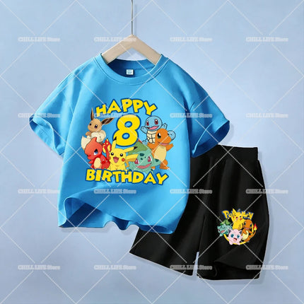 Cute Pikachu Birthday Kids Clothes Set Pokemons Number T Shirt Shorts 2pcs Children Tracksuit Summer Cartoon Boy Sportswear Suit