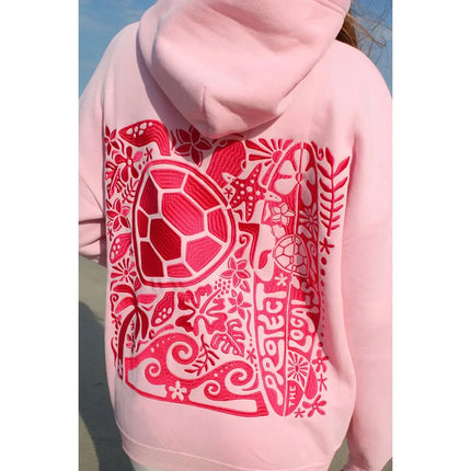 Combhasaki Women Y2K Turtle Embroidered Long Sleeve Hooded Sweatshirt with Kangaroo Pocket Drop Shoulder Loose Fit Pullover Tops