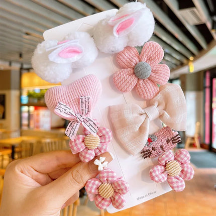 9Pcs/Set Kids Plush Hair Clips Cute Rabbit Children Side Clip Cartoon Baby Barrettes Winter Headdress Bow Flower Girls Hairpins