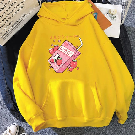 Strawberry Milk Hoodie Women Harajuku Aesthetic Clothing Autumn Winter Kawaii Graphic Hoodies Girls Cute Printed Sweatshirts