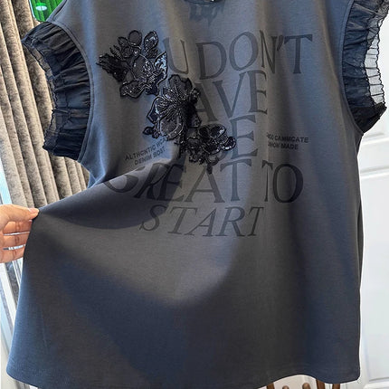 Heavy industry nail bead letter splicing mesh print fly sleeve T-shirt 2025 summer women's loose round neck fashion top