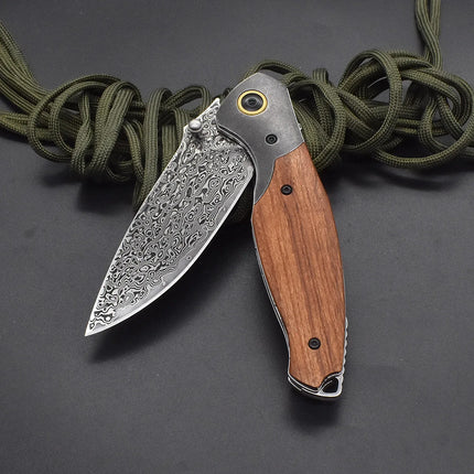 VG10 Damascus Steel Folding Knife, Rosewood Handle-light, Suitable For Camping, Fishing And Daily Carrying