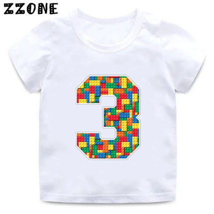 Building Blocks Bricks Number Bow Print Cartoon Boys Clothes 1 2 3 4 5 6 7 8 9 Years Birthday Kids T-shirt Baby Girls T-Shirts