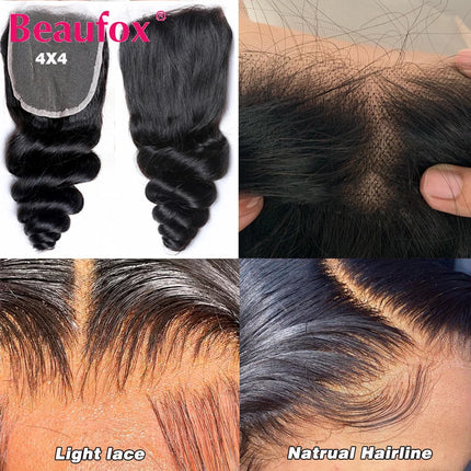 Beaufox Loose Wave Human Hair Bundles With Closure Indian Hair Weave 3/4 Bundles With Lace Closure Wavy Human Hair Extensions