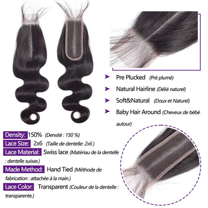Body Wave 2x6 Lace Closure Brazilian Human Hair  100% For Women Natural Color