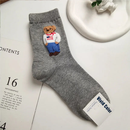 Cute Trendy Cartoon Bear Mid-Calf Cotton Socks for Women Casual Sweater Adult Female Bear Socks Comfortable Breathable Home Wear