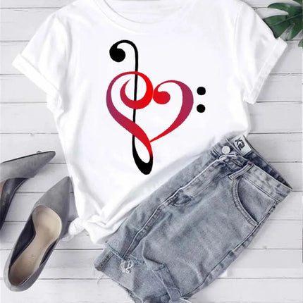 Fashion Women T Shirt Musical Note Printed T Shirt Casual Black Tops 90s Ladies Girls Tee Shirt Female Harajuku Graphic T-shirt
