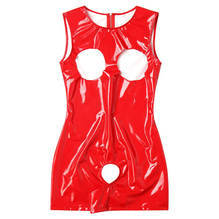 Womens Black Wetlook Patent Leather Bodysuit Swimsuit Underwear Open Cups Crotchless Open Butt Bodycon Jumpsuit Catsuit Clubwear