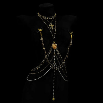 Diamond-Studded Nipple Clips SM Body Chain Glowing Heart Breast Restraint Anal Stimulator with Vaginal Clamps  Training Sex Toys
