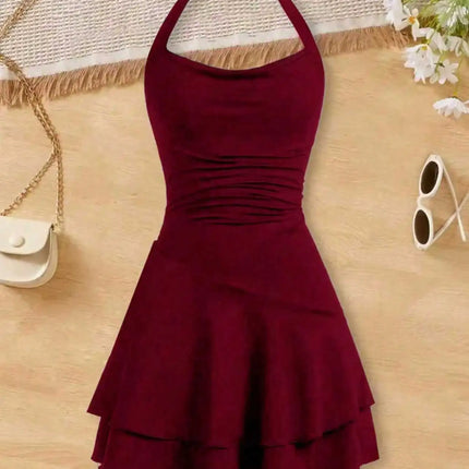 2026 Girls' Fashionable Dress with Waist Cinching and Slimming Effect, Backless Cross Tie Dress, Children's Clothing 1