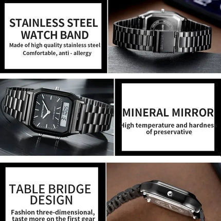 SANDA P747  Dual Display Clock Unisex Waterproof Sports Quartz Watch Luxury Mens Style Watches Stainless Steel Women LED Digital