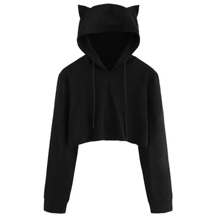 Cropped Short Belly Hoodie Pullover Cat Ear Cute Hooded Sweatshirt Solid Spring Casual Crop Top Coat For Women