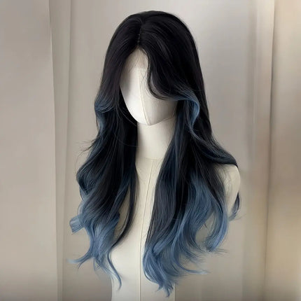 Black to Blue/Pink/Black Ombre Long Wavy Wig Natural Fluffy Body Wave Heat Resistant Synthetic Hair Daily & Party.