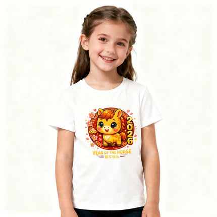 Year of The Horse 2026 Kids T-Shirt Chinese New Year Kawaii Horse Printed Shirt Boys and Girls New Year Festival Costumes