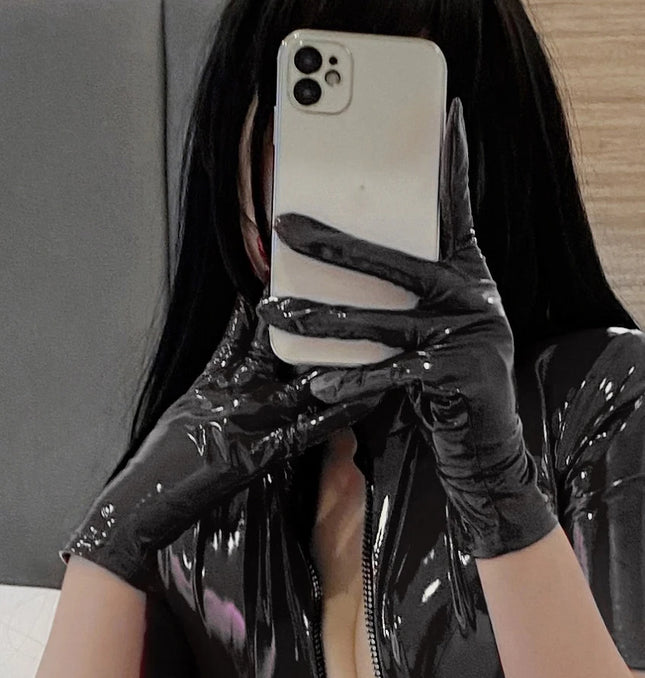 Free shipping Ftshist Women Shiny Faux Leather Long Gloves Men Latex Fetish Patent Leather Full Fingers Glove Cosplay Accessory