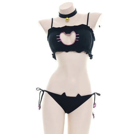 Anime Girl Cute Cat Paw Bikini Swimsuit Costume Summer Beach Girl Mini Lovely Cats Bell Swimwear Uniform Cosplay Black White Nig