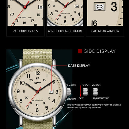 2026 TPW Field Watch Easy Reading Fabric Strap 24 Hours Display Quartz Movement Day function