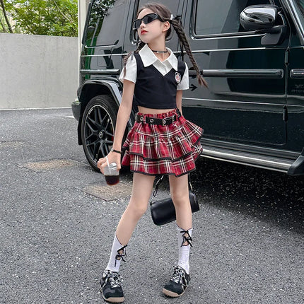 1pc 2026 new summer street American children set teenager Girls Clothes blouse shirt or checked JK pleated Skirt 4 8 10 12 Year